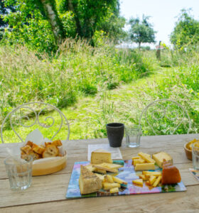 Dégustation de fromage normand bio avec du cidre local dans le jardin de notre maison normande au coeur de la ferme