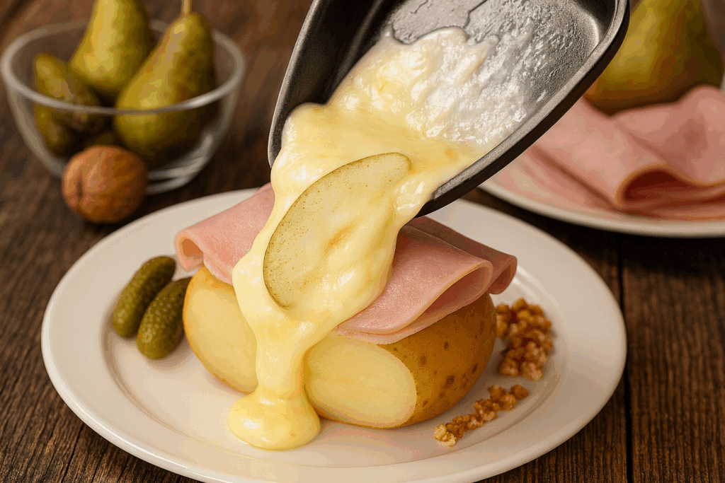 Fromage à raclette fermier bio fondu avec une tranche de poire locale de Normandie, sur une pomme de terre et une tranche de jambon